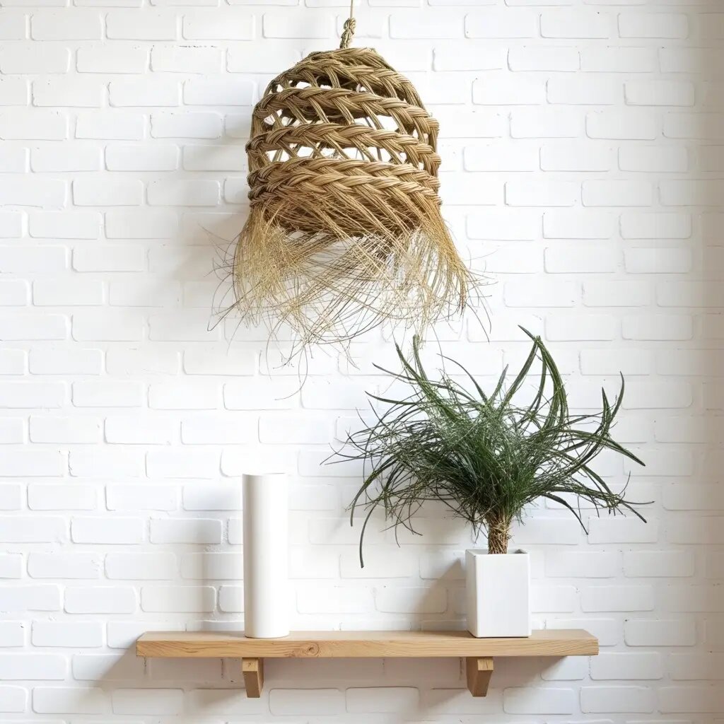 Handwoven straw pendant light with herringbone pattern and natural fringe against white brick wall Handwoven straw pendant light with herringbone pattern and natural fringe against white brick wall
