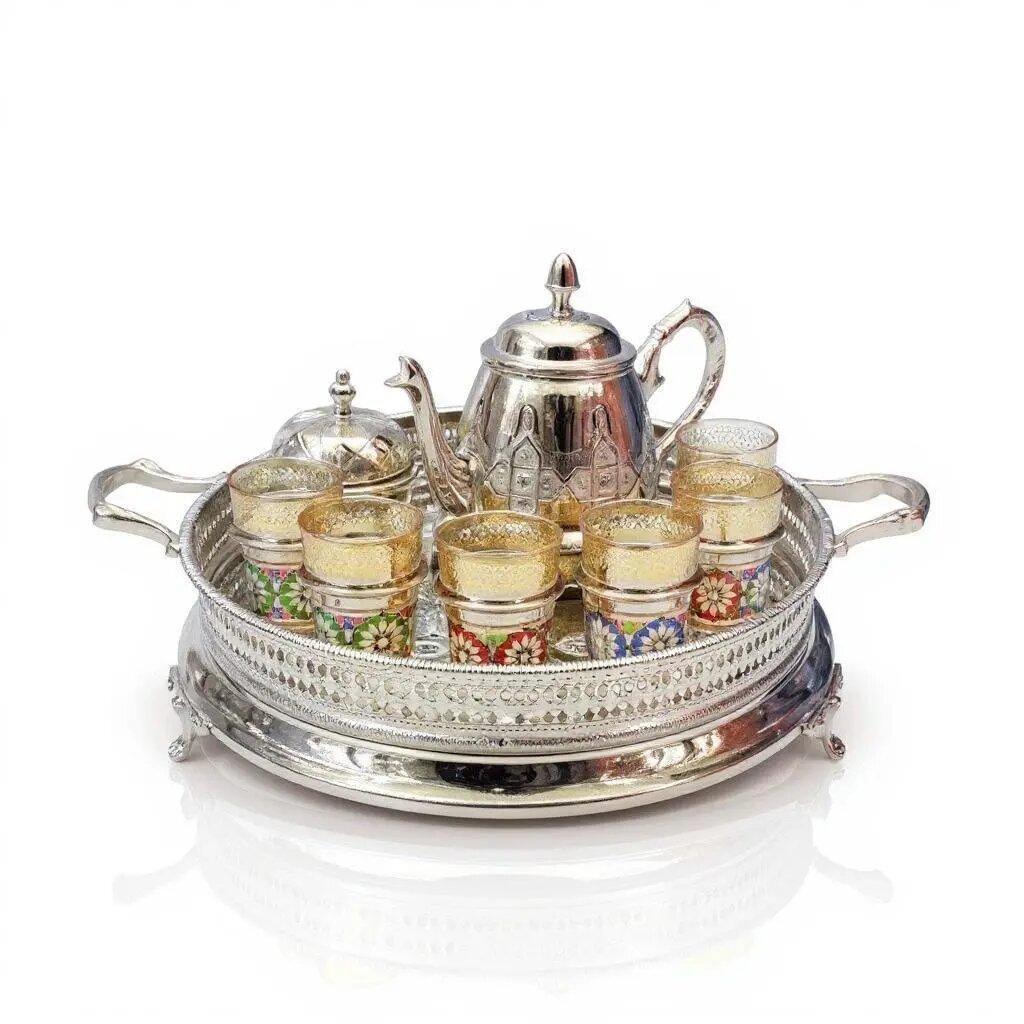 Large Moroccan tea set 15-piece with engraved silver teapot, sugar bowl, and twelve enamel glasses on footed silver tray