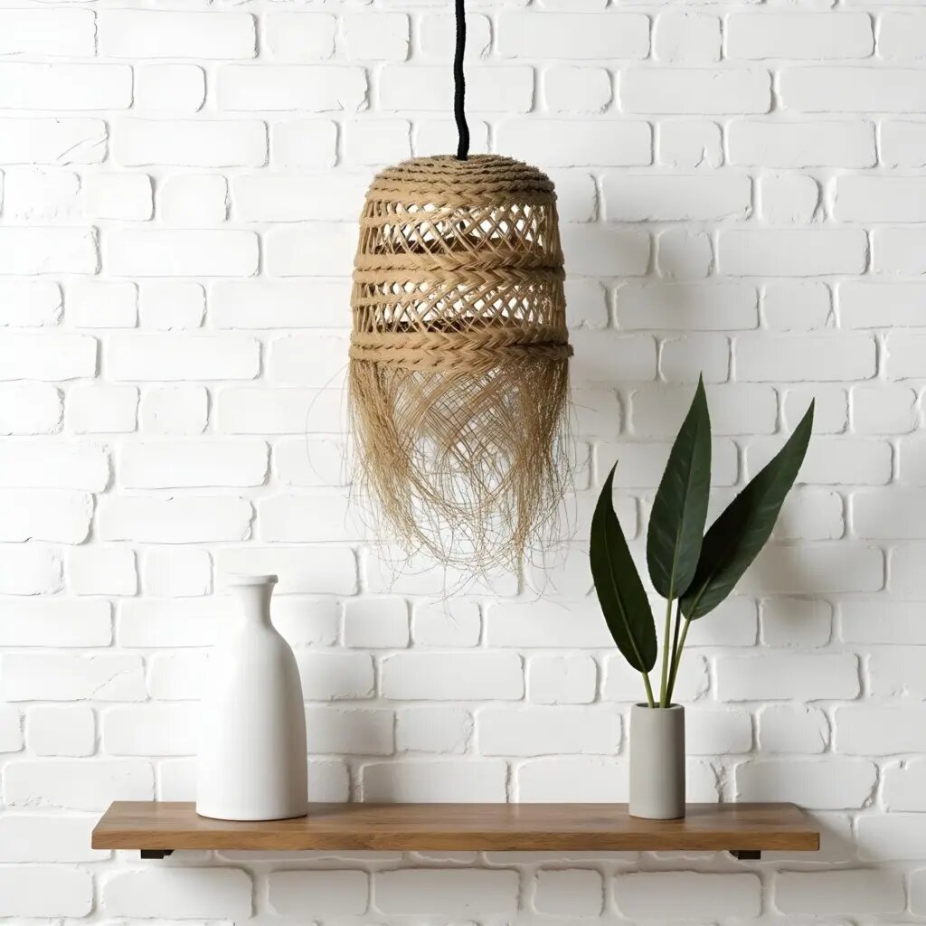 Handwoven straw pendant light with geometric lattice pattern and natural fringe on white brick wall Handwoven straw pendant light with geometric lattice pattern and natural fringe on white brick wall