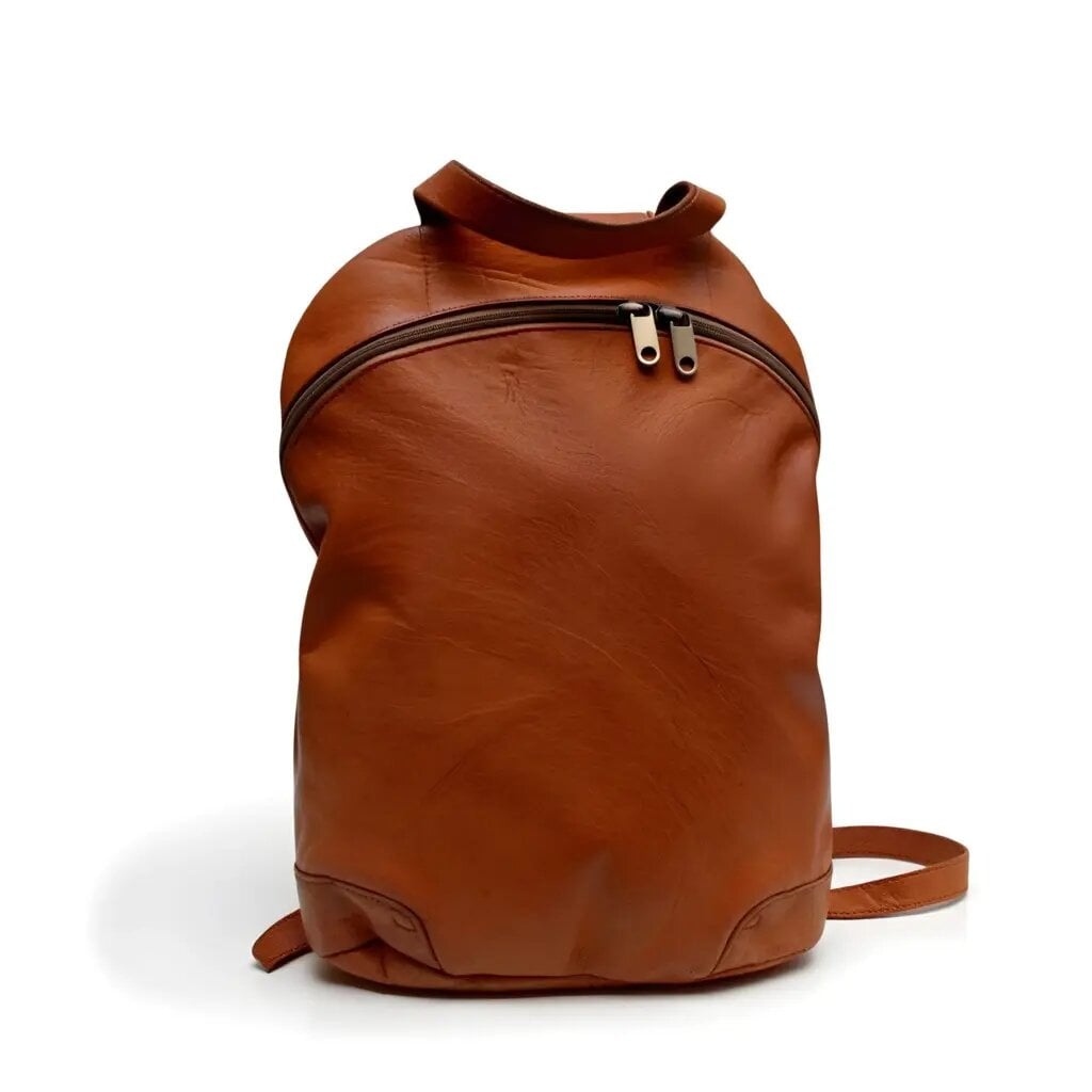 Brown leather backpack purse with arc zipper and double brass pulls, handcrafted full-grain leather with reinforced corners