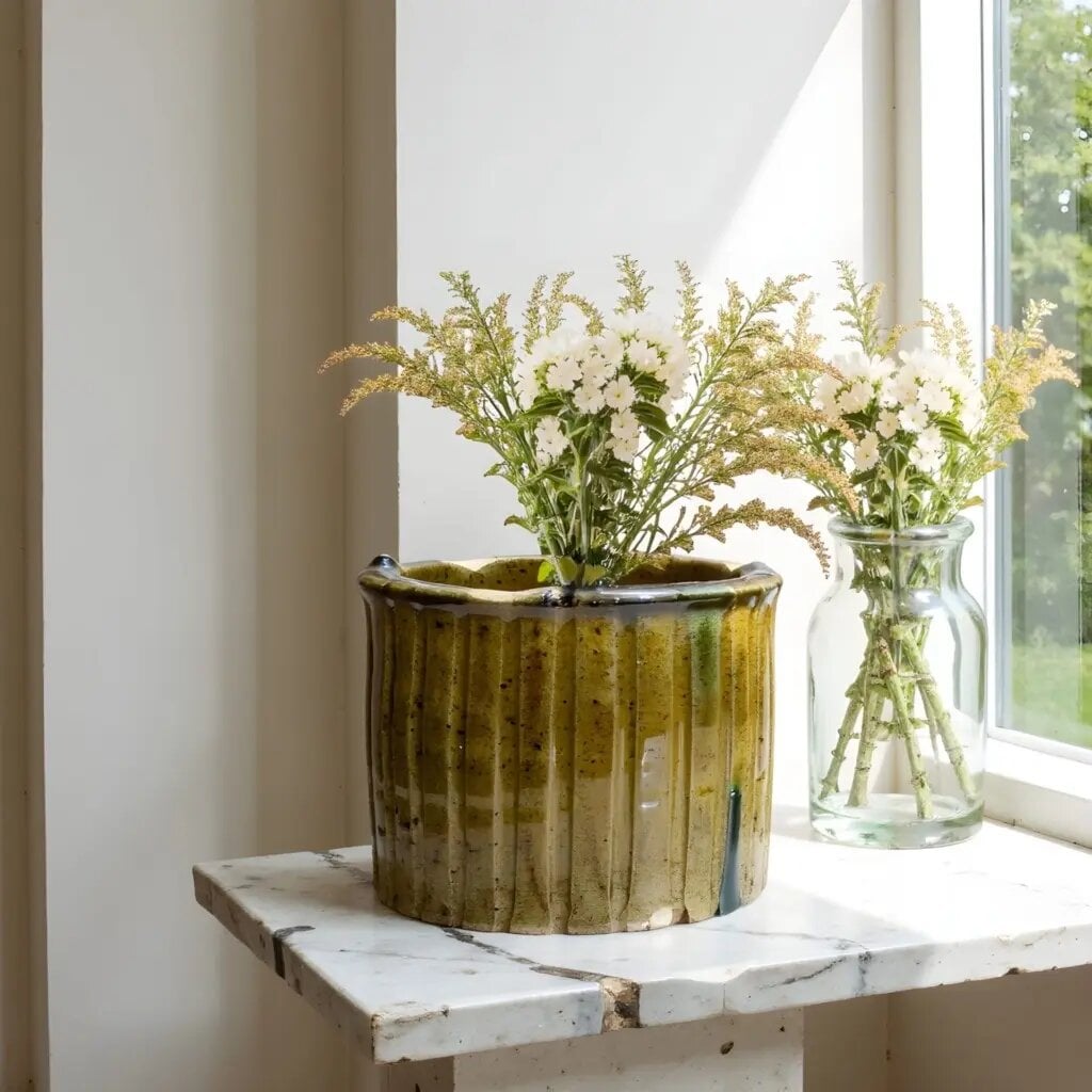 Handmade Tamegroute ceramic planters with ribbed olive glaze holding white flowers on rustic wooden shelf by window Handmade Tamegroute ceramic planters with ribbed olive glaze holding white flowers on rustic wooden shelf by window