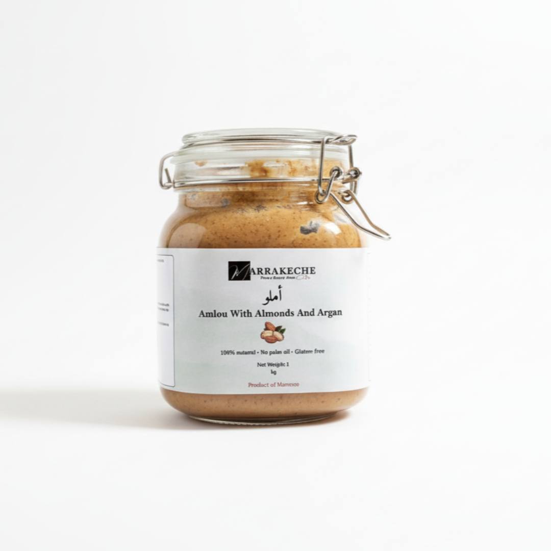 Amlou with almonds and argan oil in 1kg glass jar with clasp lid, traditional Moroccan spread by Marrakeche