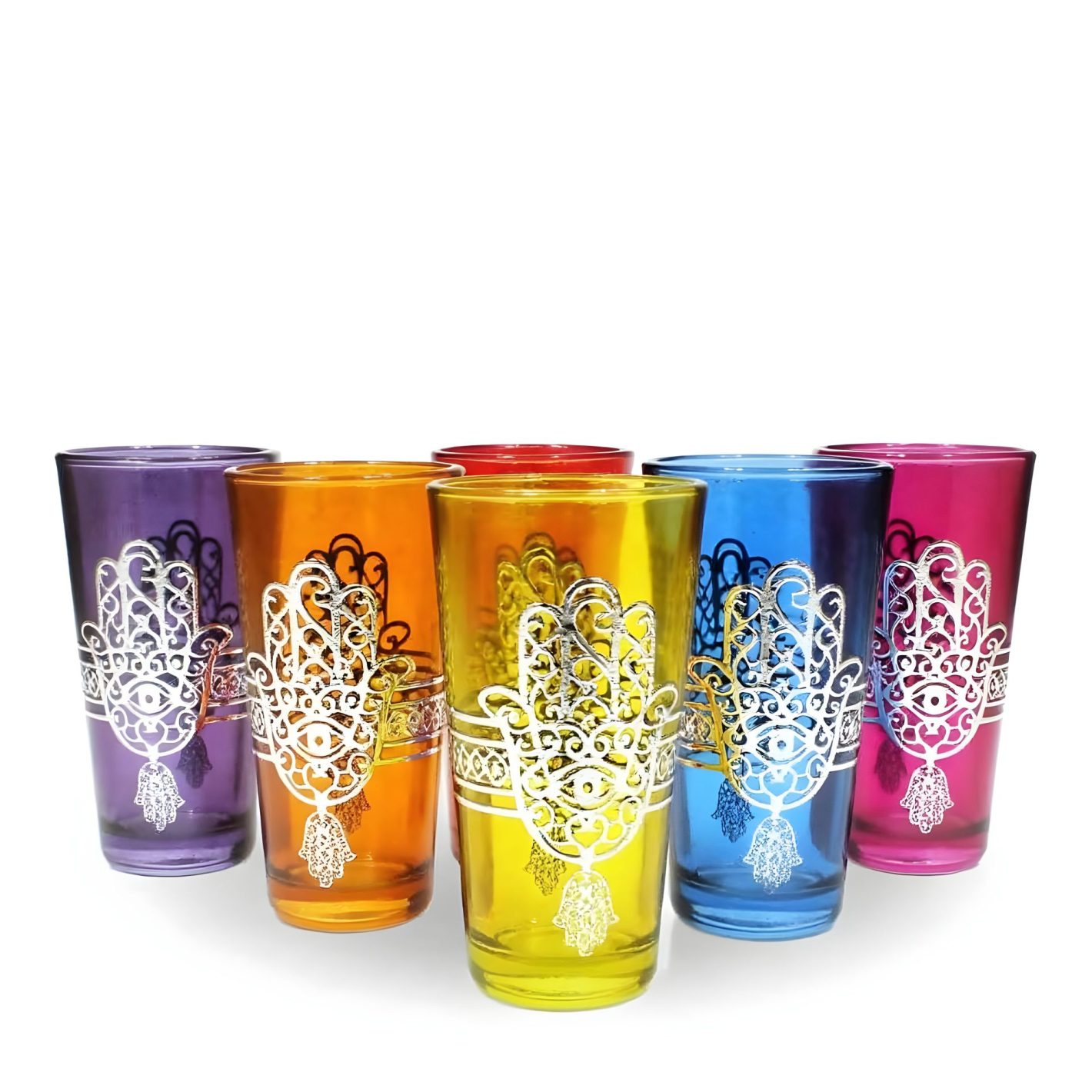 Five hand-painted hamsa tea glasses in purple, amber, yellow, blue and pink on white studio background Five hand-painted hamsa tea glasses in purple, amber, yellow, blue and pink on white studio background
