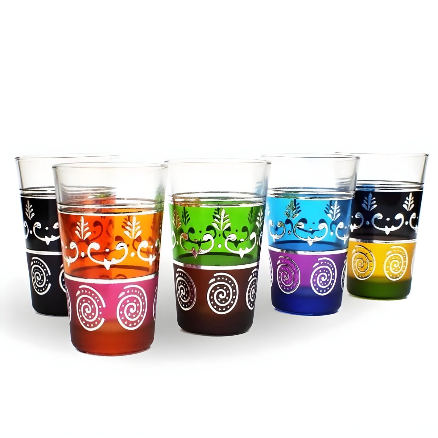 Six hand-painted white floral tea glasses with scrollwork on multicolored glass, arranged in a row Six hand-painted white floral tea glasses with scrollwork on multicolored glass, arranged in a row