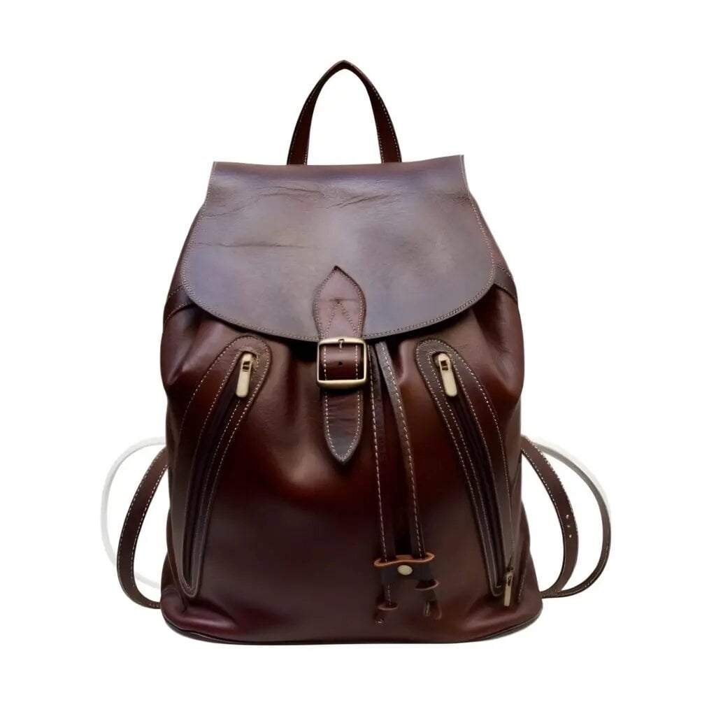 Brown leather drawstring backpack with fold-over flap, brass buckle, diagonal front zip pockets, and contrast stitching