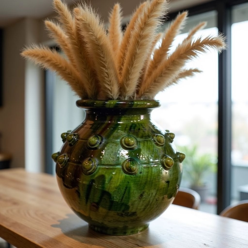 Handmade Tamegroute ceramic vase 30cm with green glaze and decorative studs holding dried pampas grass arrangement Handmade Tamegroute ceramic vase 30cm with green glaze and decorative studs holding dried pampas grass arrangement