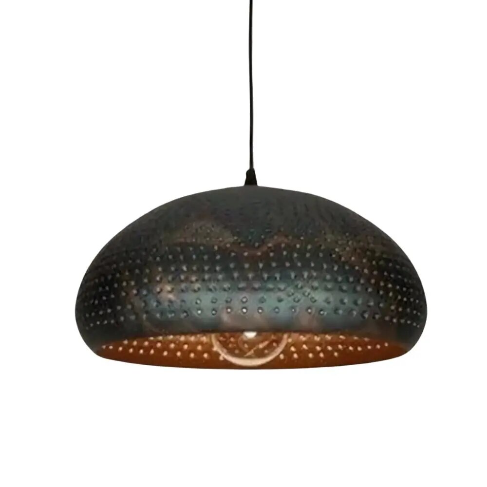 Black perforated dome brass pendant light with handcrafted copper interior and intricate pattern details