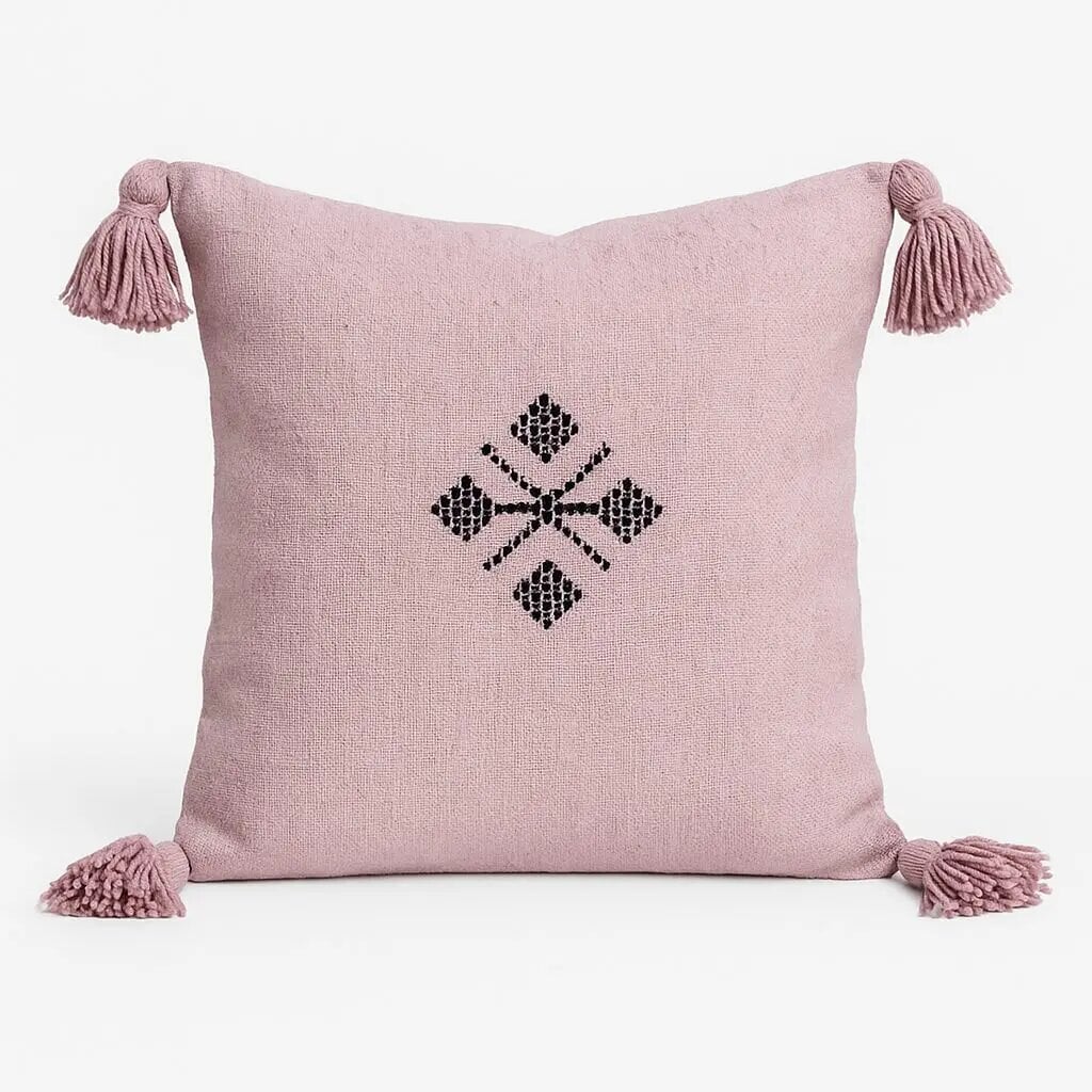Boho cotton pillow cover in dusty rose with black geometric embroidery and corner tassels Boho cotton pillow cover in dusty rose with black geometric embroidery and corner tassels