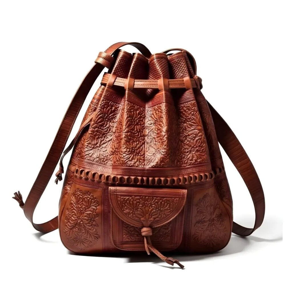 Hand-tooled brown leather backpack with floral medallions, geometric borders, drawstring closure, and front flap pocket Hand-tooled brown leather backpack with floral medallions, geometric borders, drawstring closure, and front flap pocket
