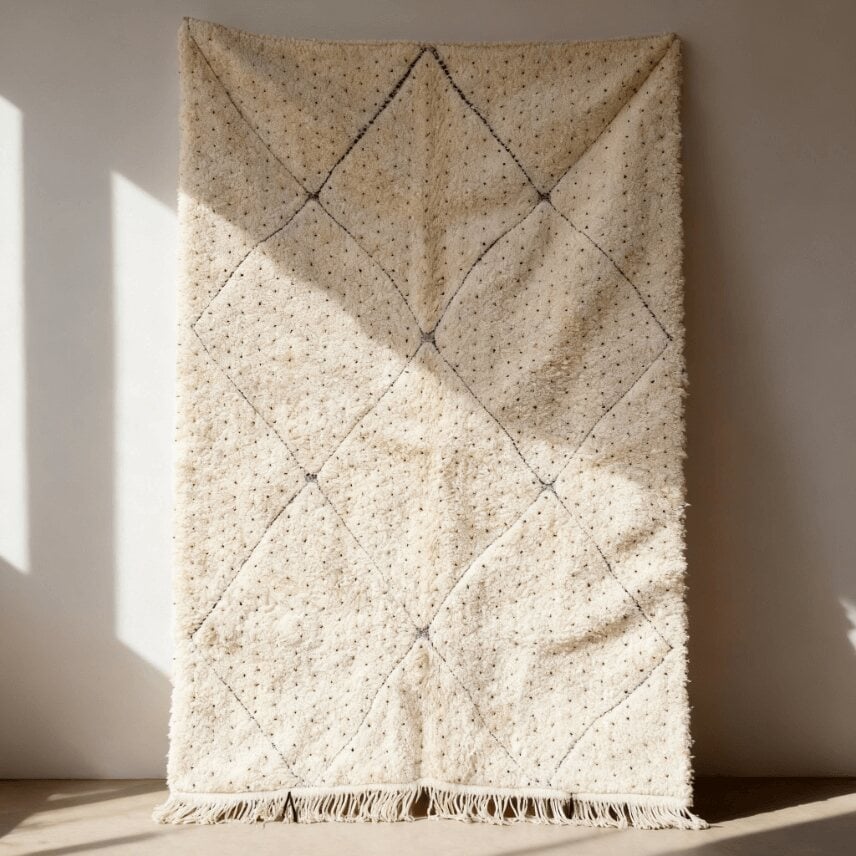Hand-knotted Beni Ourain wool rug with diamond pattern and fringe, hanging in studio