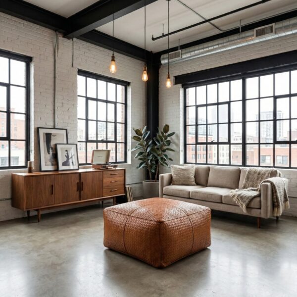 Braided leather square ottoman in industrial loft living room with exposed brick walls