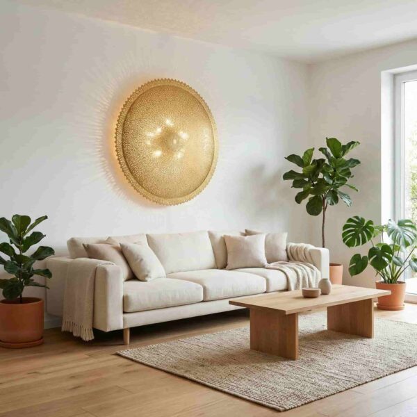 Large brass filigree wall lamp as focal point in contemporary minimalist living room with neutral decor