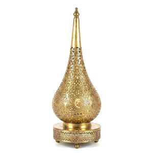 Teardrop brass table lamp with hand-engraved filigree floral patterns on decorative perforated base against white background