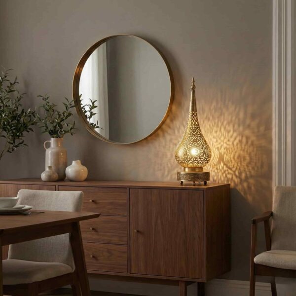 Brass filigree table lamp on walnut sideboard casting intricate shadow patterns on wall beneath round gold mirror with c Brass filigree table lamp on walnut sideboard casting intricate shadow patterns on wall beneath round gold mirror with ceramic vases