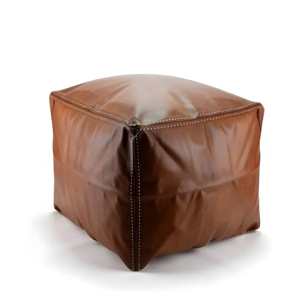 Square leather ottoman in light brown with cream contrast stitching, handcrafted Moroccan footstool