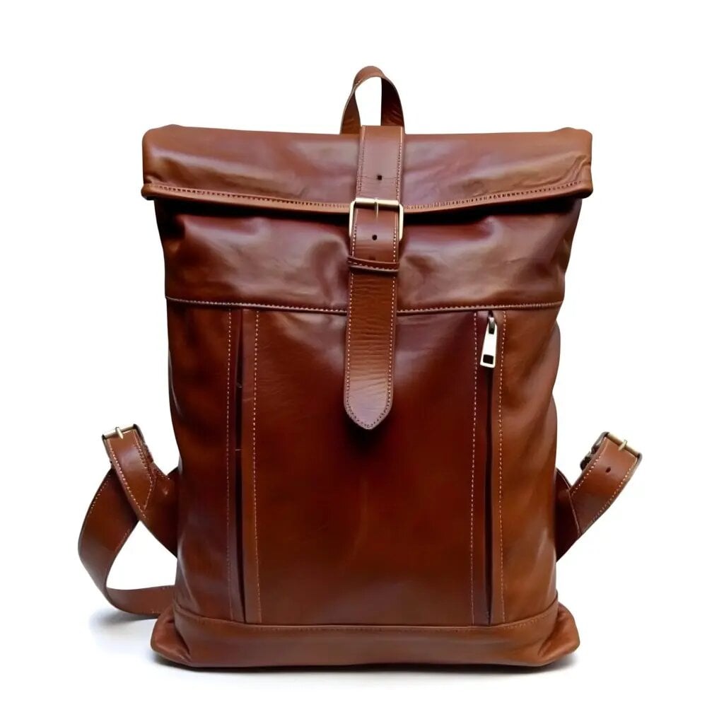 Full-grain leather rolltop backpack in cognac brown featuring buckle strap closure and two front zip pockets Full-grain leather rolltop backpack in cognac brown featuring buckle strap closure and two front zip pockets