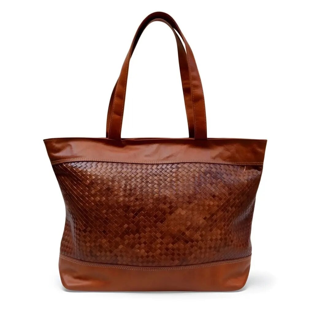 Basketweave brown leather tote bag with diagonal woven front panel on white background
