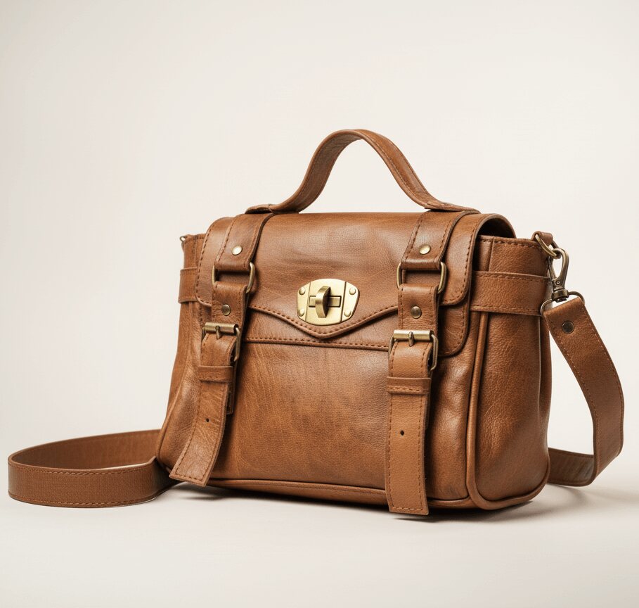 Light brown vintage leather satchel bag with brass turn-lock closure, top handle, and crossbody strap on neutral background