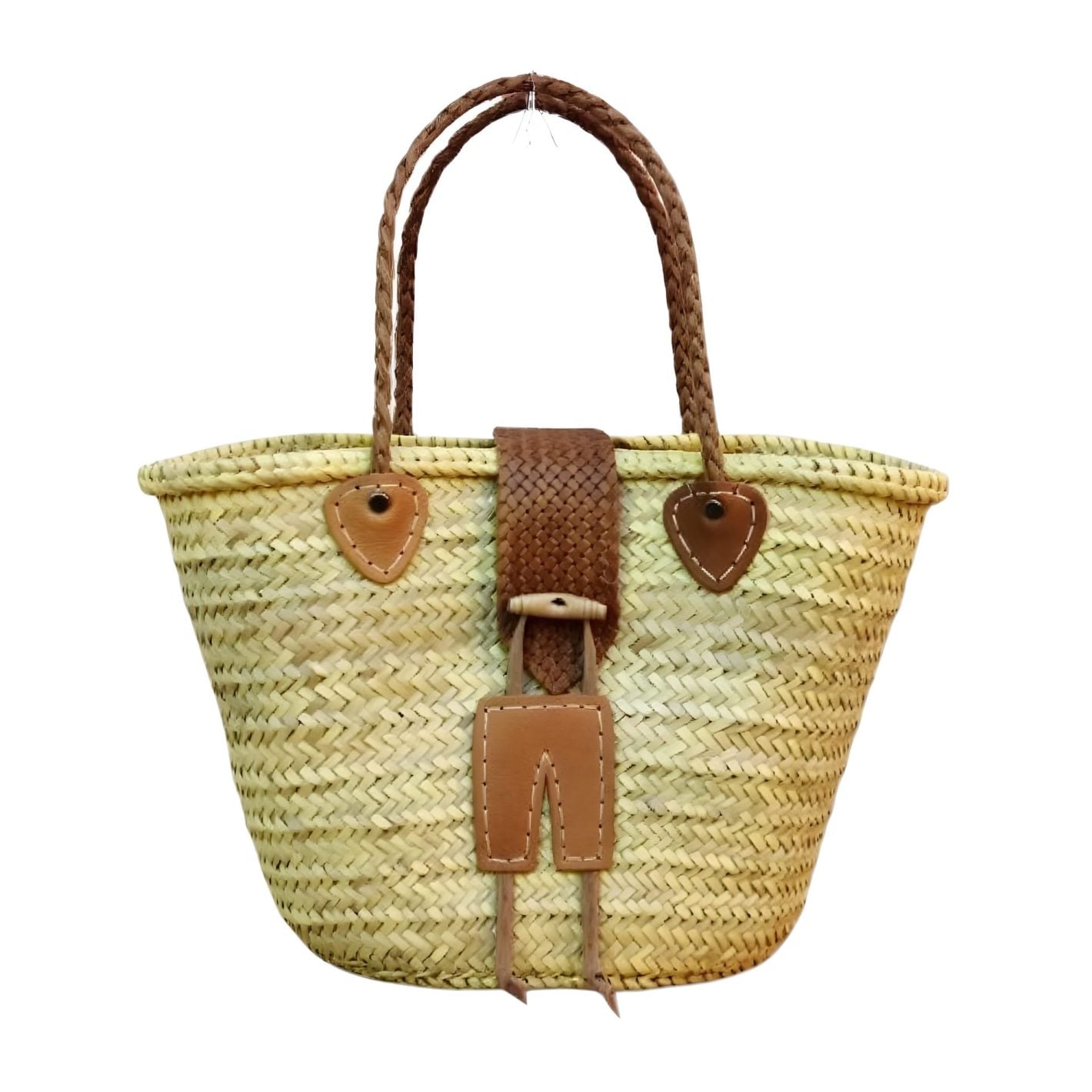 "Crafted from handwoven palm leaf with braided leather handles and a wooden toggle closure — this Moroccan market basket goes from souk to shore." - 128 chars ✓