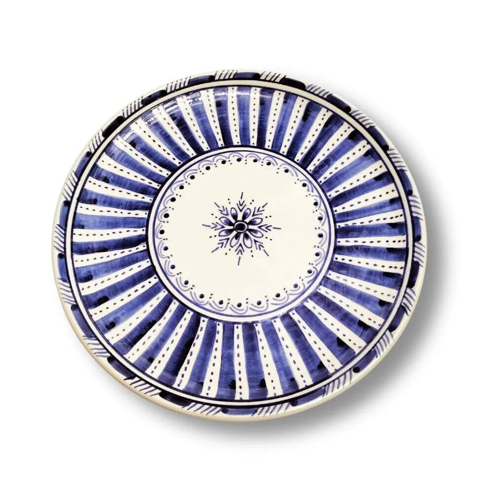 Blue hand-painted ceramic plate with radiating sunburst pattern and floral medallion center, 25cm artisan dish Blue hand-painted ceramic plate with radiating sunburst pattern and floral medallion center, 25cm artisan dish