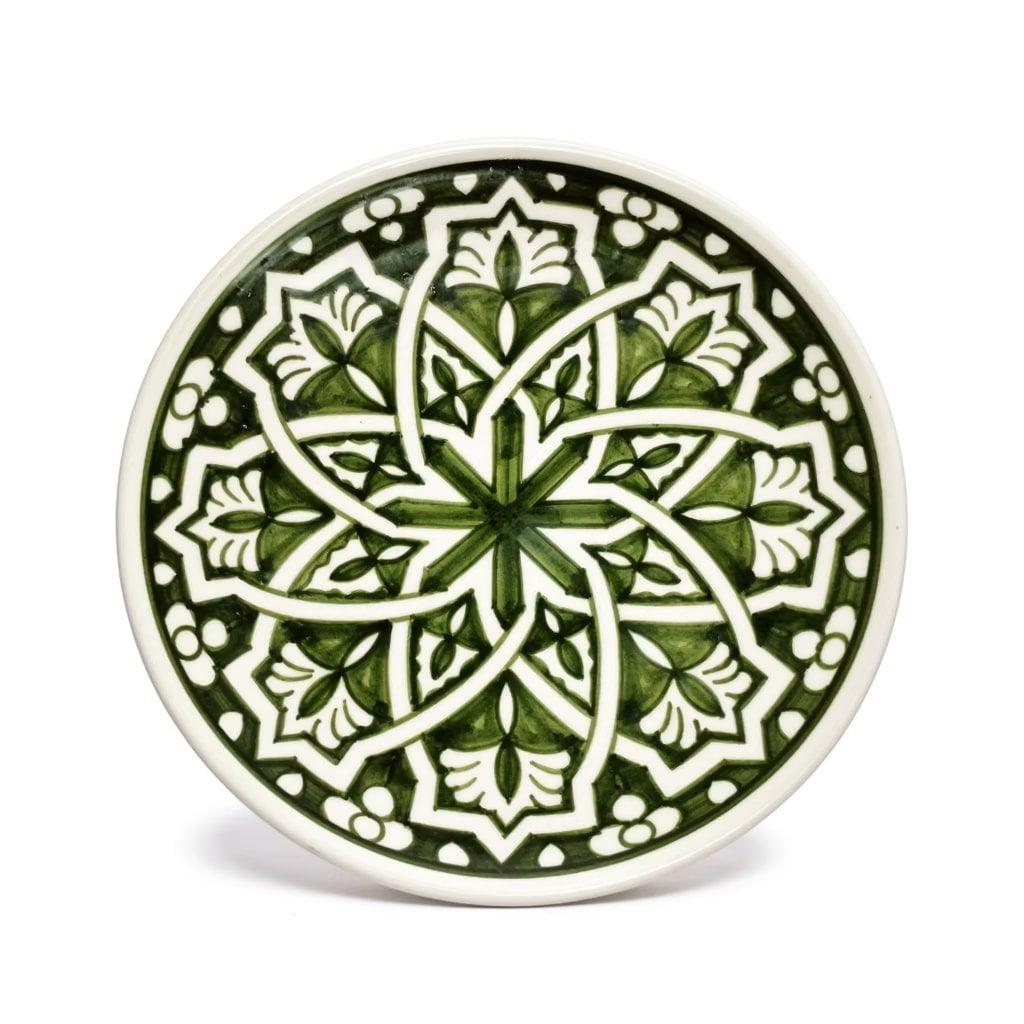 Hand-drawn geometric ceramic serving dish 25cm with forest green star mandala pattern and cream border detail Hand-drawn geometric ceramic serving dish 25cm with forest green star mandala pattern and cream border detail