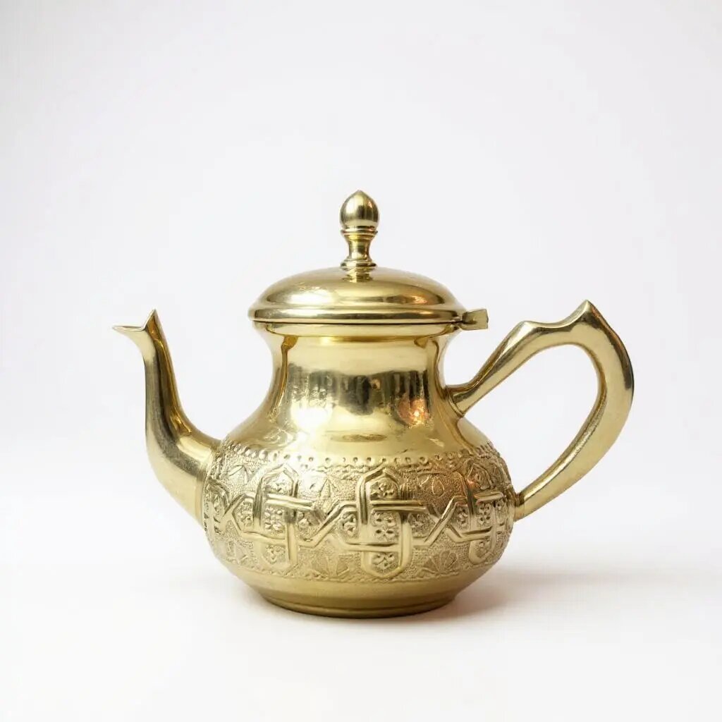 Hand-engraved brass teapot in gold tone with Moroccan geometric patterns, curved spout, and domed lid on white background