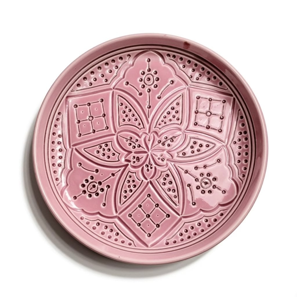Pink geometric ceramic plate with hand-engraved floral relief pattern, artisan crafted 22cm serving dish Pink geometric ceramic plate with hand-engraved floral relief pattern, artisan crafted 22cm serving dish