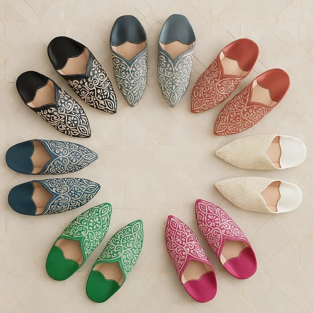 Colorful engraved leather babouche slippers arranged in circle showing 7 handcrafted Moroccan designs with arabesque pat Colorful engraved leather babouche slippers arranged in circle showing 7 handcrafted Moroccan designs with arabesque patterns