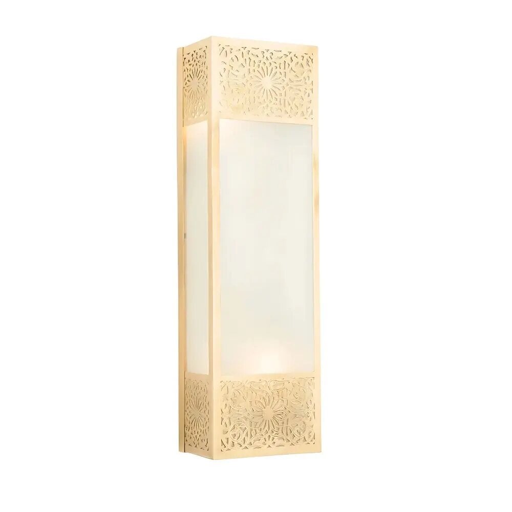 Hand-engraved brass wall sconce with intricate floral cutouts and frosted glass panel in contemporary ivory finish