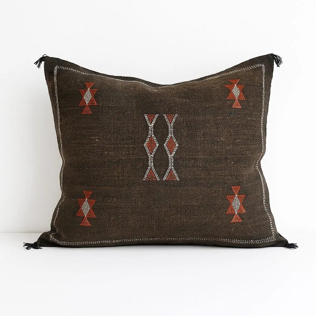 Dark brown cactus silk pillow cover with geometric embroidery and corner tassels handwoven Berber cushion 18x18
