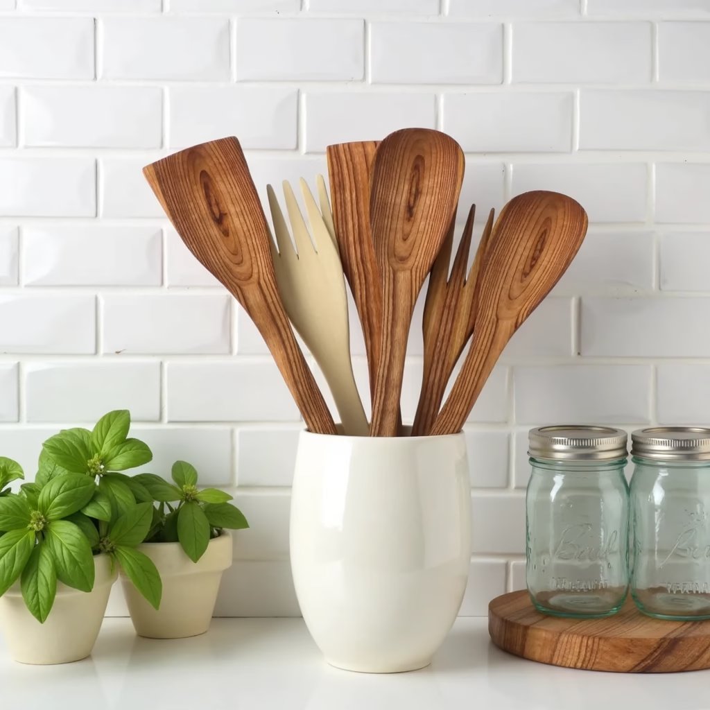Lemon wood kitchenware 12" spoons and spatulas displayed in white vase with basil plant on kitchen counter Lemon wood kitchenware 12" spoons and spatulas displayed in white vase with basil plant on kitchen counter