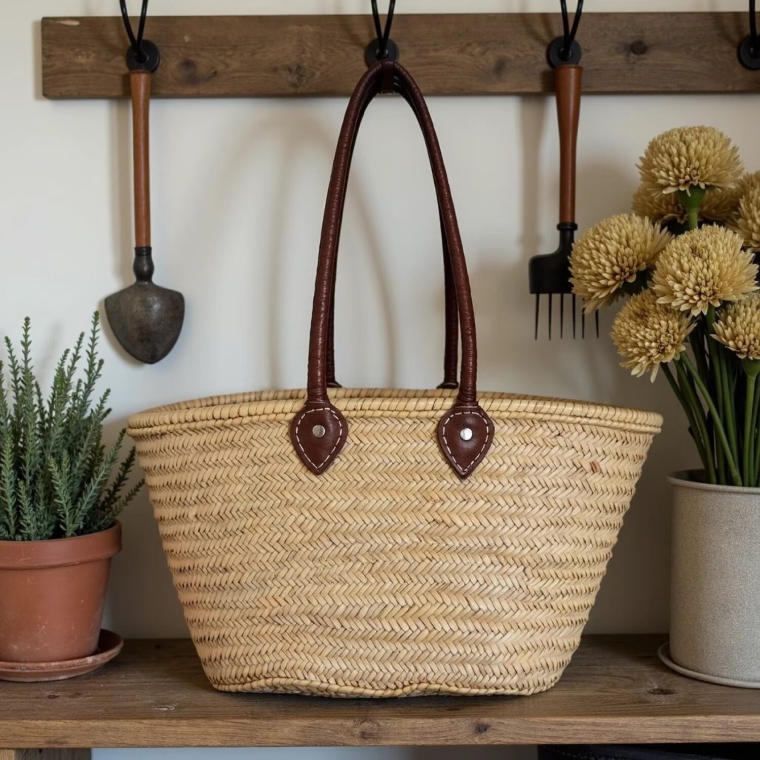 straw bag hanging on iron hooks beside garden tools and potted rosemary in farmhouse mudroom straw bag hanging on iron hooks beside garden tools and potted rosemary in farmhouse mudroom