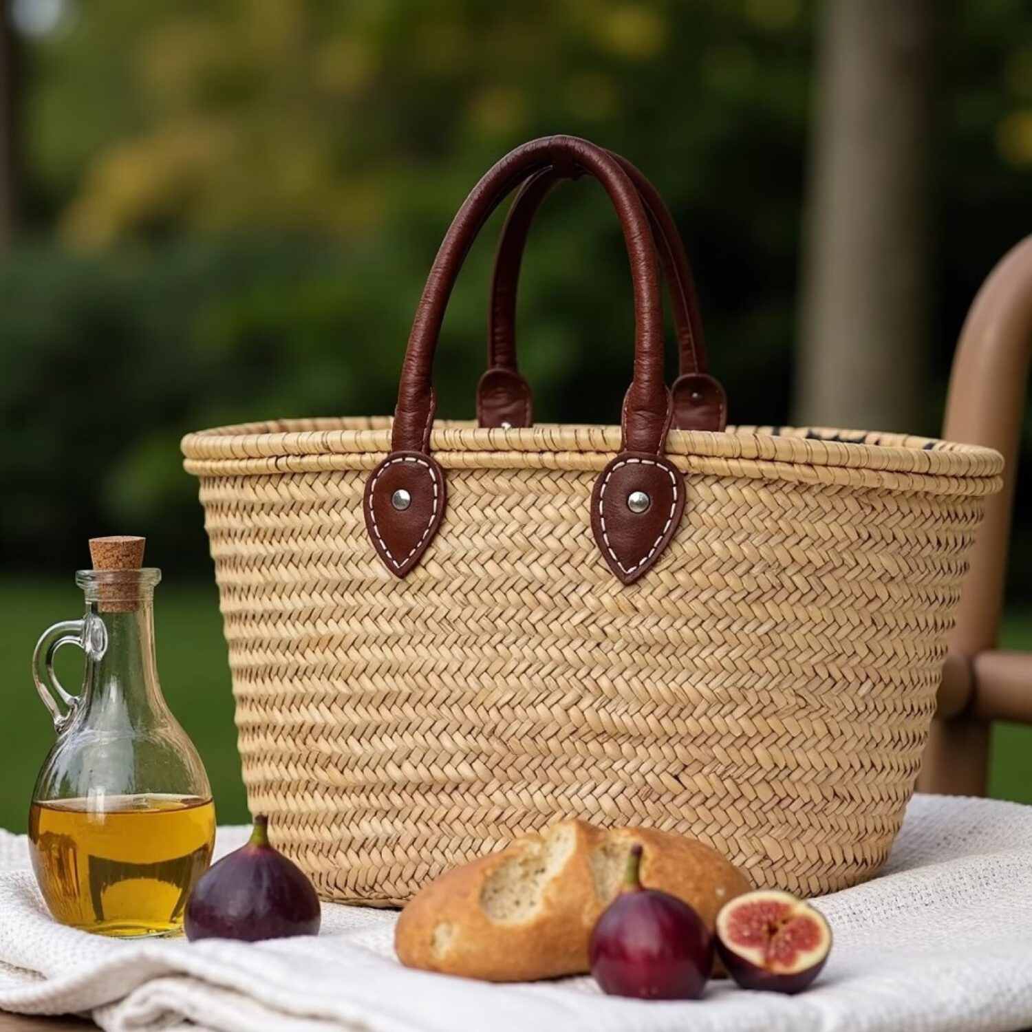 straw bag as picnic basket holding baguette beside fresh figs and olive oil outdoors straw bag as picnic basket holding baguette beside fresh figs and olive oil outdoors