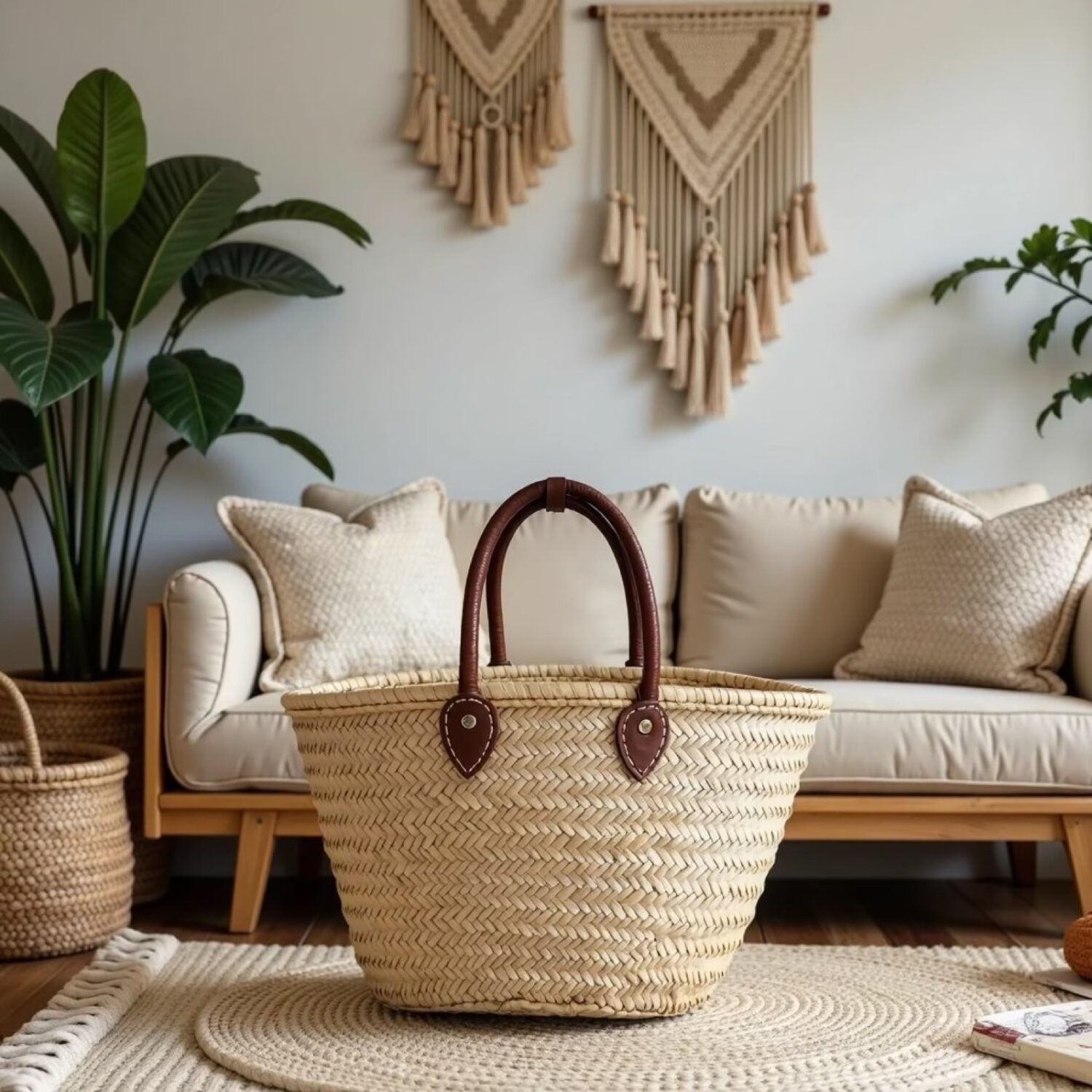straw bag on round jute rug in boho living room with macramé wall hangings and beige sofa straw bag on round jute rug in boho living room with macramé wall hangings and beige sofa