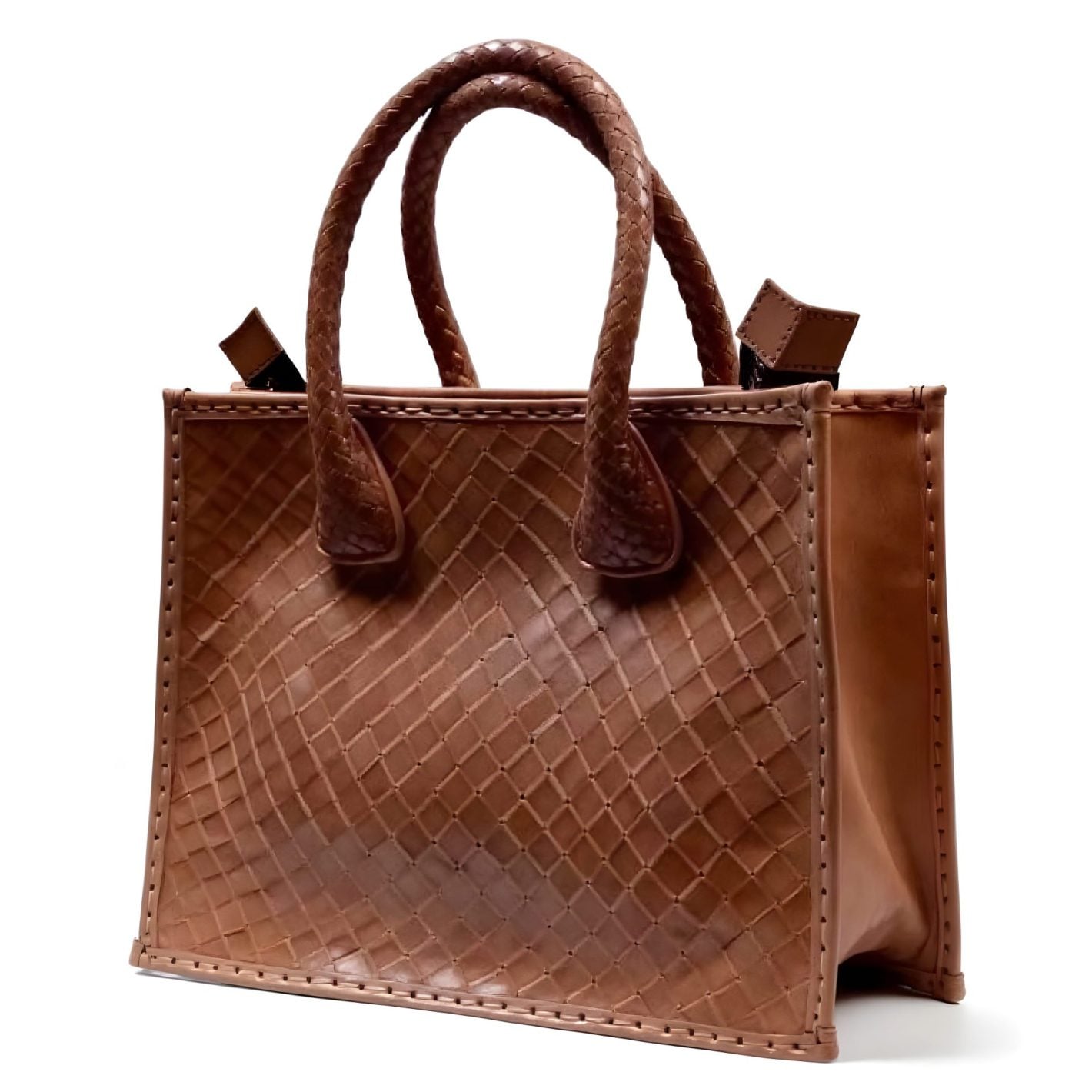 Two-tone woven leather tote bag with diagonal basketweave pattern and braided handles on white background
