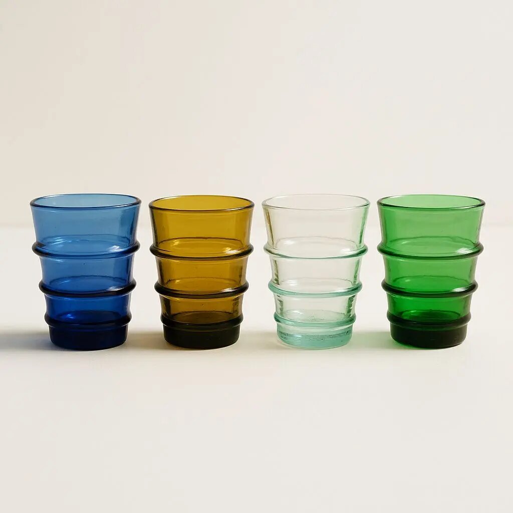 Four stacks of ombré recycled glass tumblers in cobalt, amber, clear, and emerald on white backdrop