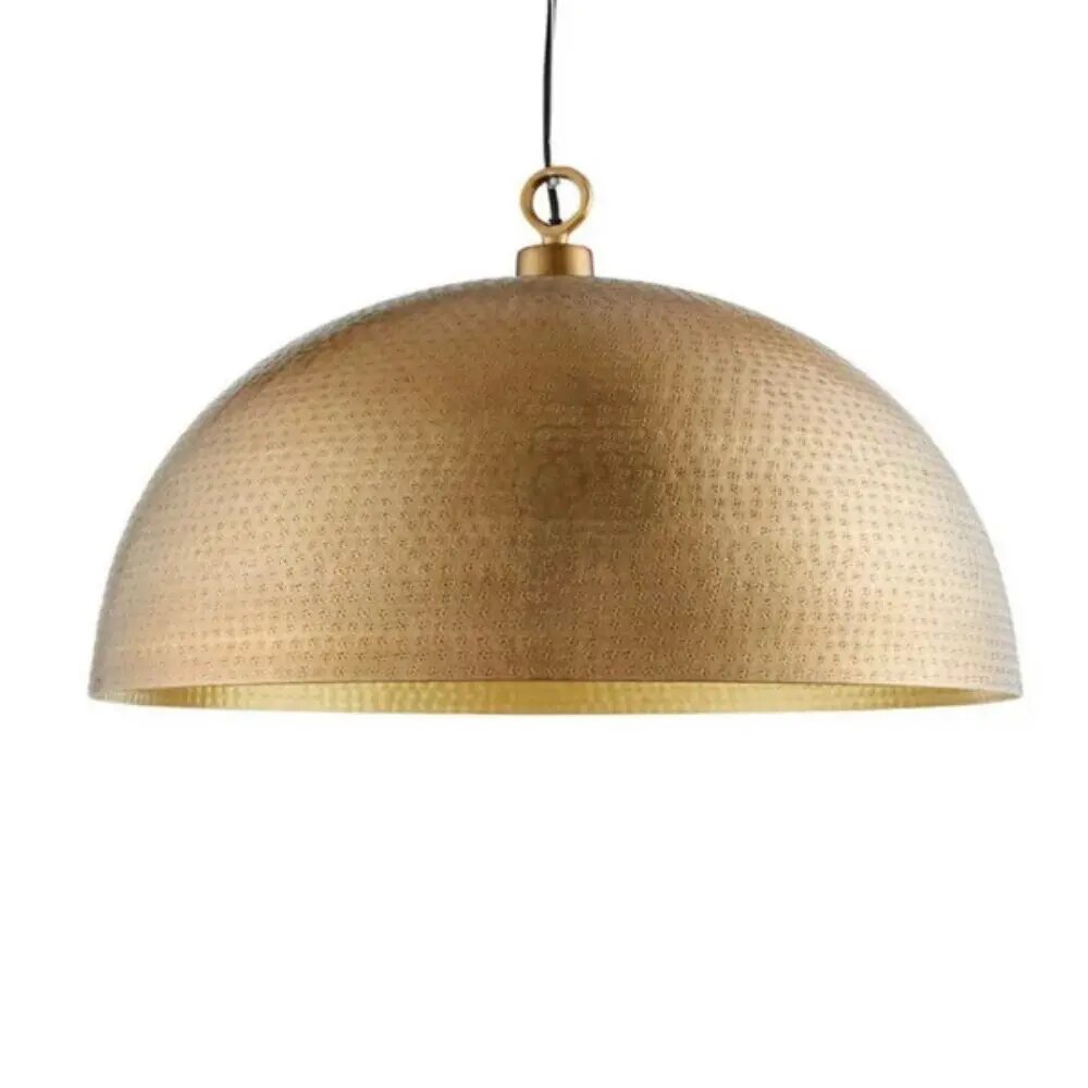 Hammered brass dome pendant light with textured gold finish and ring hardware on white background