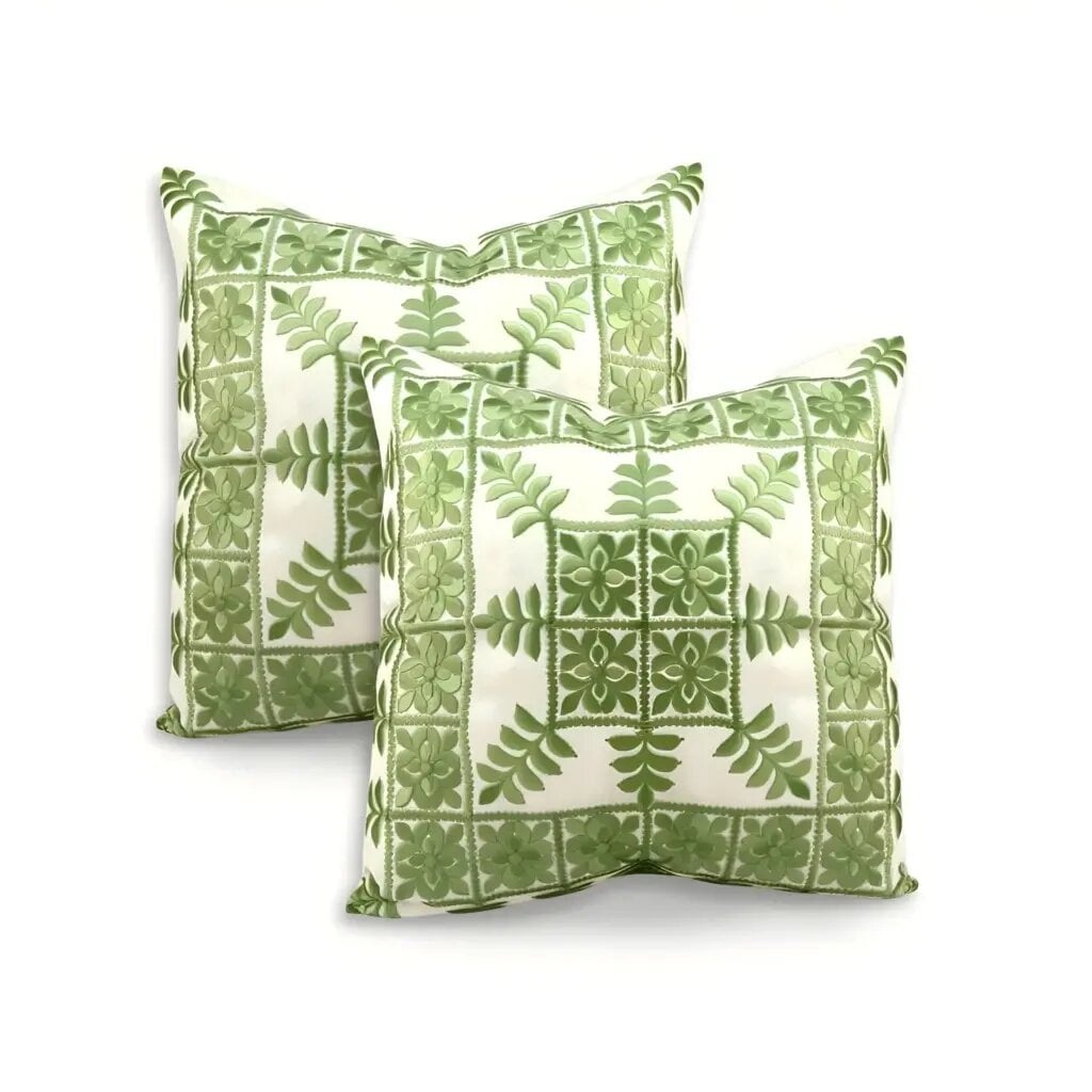 Product photo of green cushion covers with geometric pattern