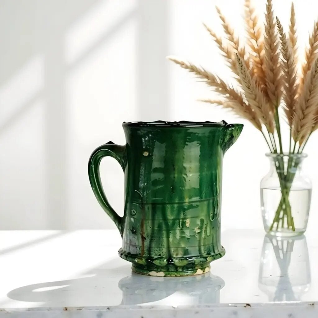Handcrafted green glazed ceramic pitcher with embossed details, displayed on white marble with dried wheat stems