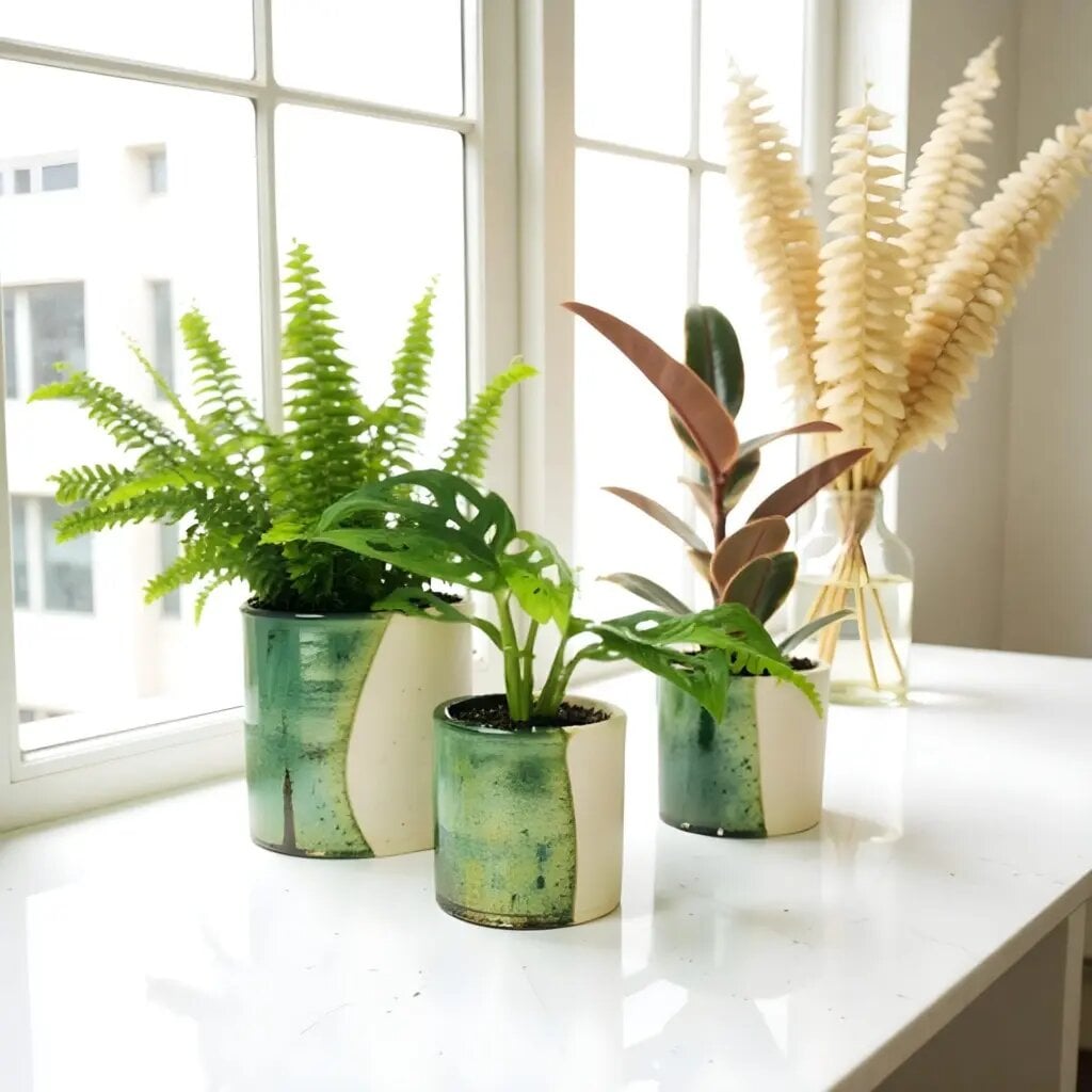 Handmade ceramic plant pots with green reactive glaze holding ferns and tropical plants on white windowsill