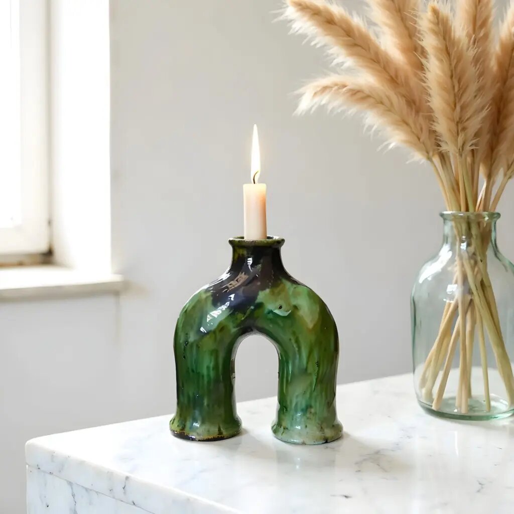 Handcrafted green ceramic candle holder with arch design and ombré glaze on marble surface with lit candle Handcrafted green ceramic candle holder with arch design and ombré glaze on marble surface with lit candle