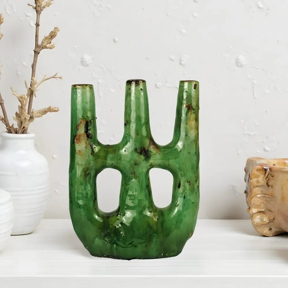 Green Tamegroute ceramic candle holder with double arch design and rustic glaze - handcrafted statement piece Green Tamegroute ceramic candle holder with double arch design and rustic glaze - handcrafted statement piece