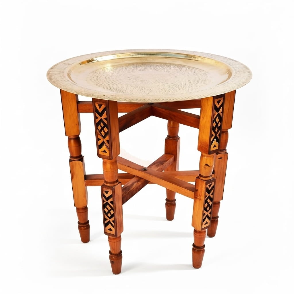 Silver-plated brass tea tray table with hand-hammered dinanderie patterns on carved olive wood folding stand