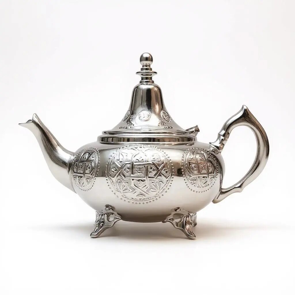Hand-engraved geometric medallion silver teapot with domed lid, curved gooseneck spout, ring handle, and tripod feet on Hand-engraved geometric medallion silver teapot with domed lid, curved gooseneck spout, ring handle, and tripod feet on white background