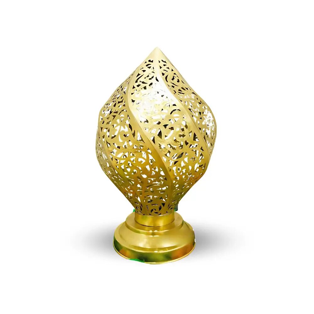 Brass table lamp with hand-engraved Moroccan teardrop design, polished gold finish on round base