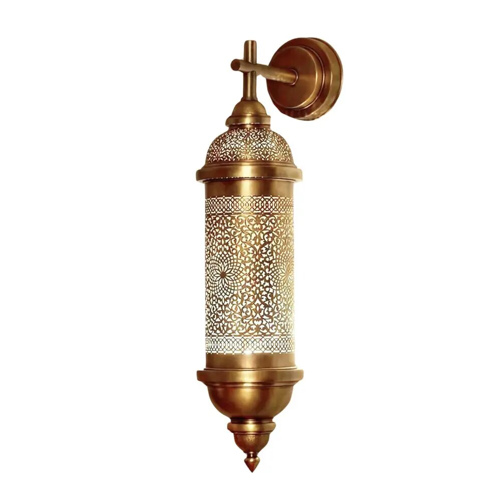 Handcrafted brass wall sconce with intricate filigree openwork pattern, cylindrical shape with domed cap and decorative finial, satin gold finish