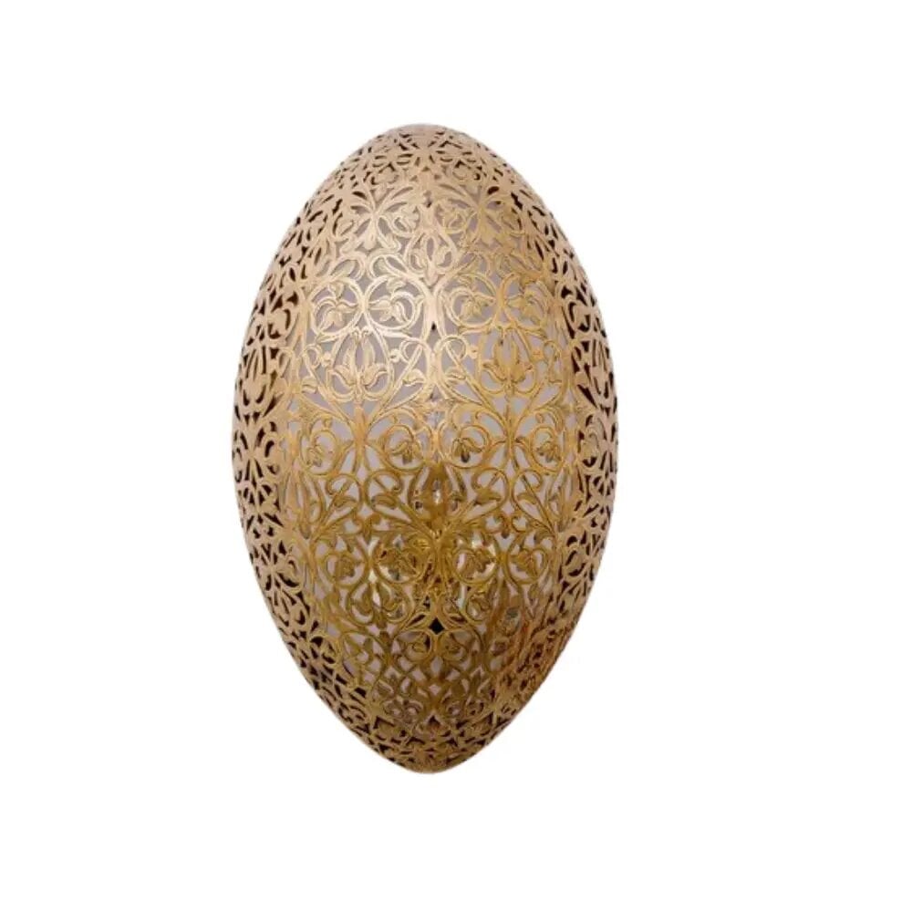 Hand-engraved brass egg wall light with intricate arabesque patterns, 13.7" oval sconce in golden finish