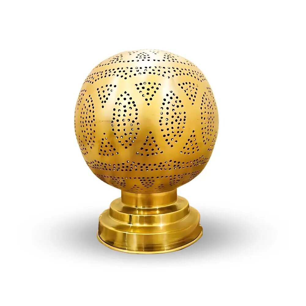Round brass bedside lamp with hand-engraved geometric patterns on gold globe, 9.4" height with tiered base Round brass bedside lamp with hand-engraved geometric patterns on gold globe, 9.4" height with tiered base