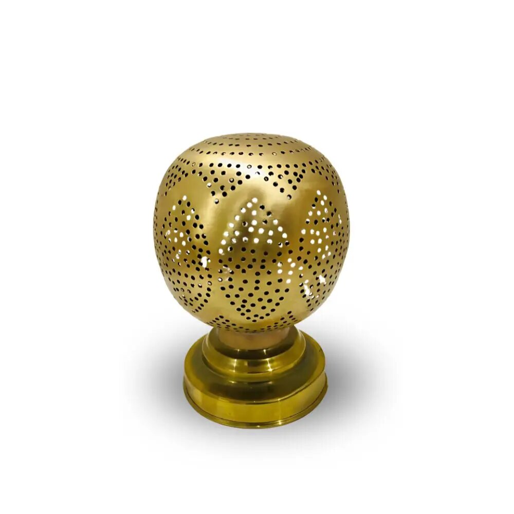 Round brass table lamp with hand-pierced paisley pattern globe on polished brass base, 6.6" decorative lighting