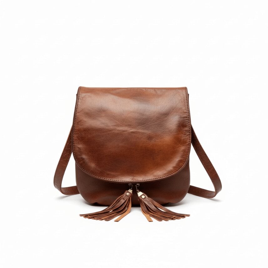 Brown leather crossbody bag with tassel detail, curved flap, and brass hardware on white studio background